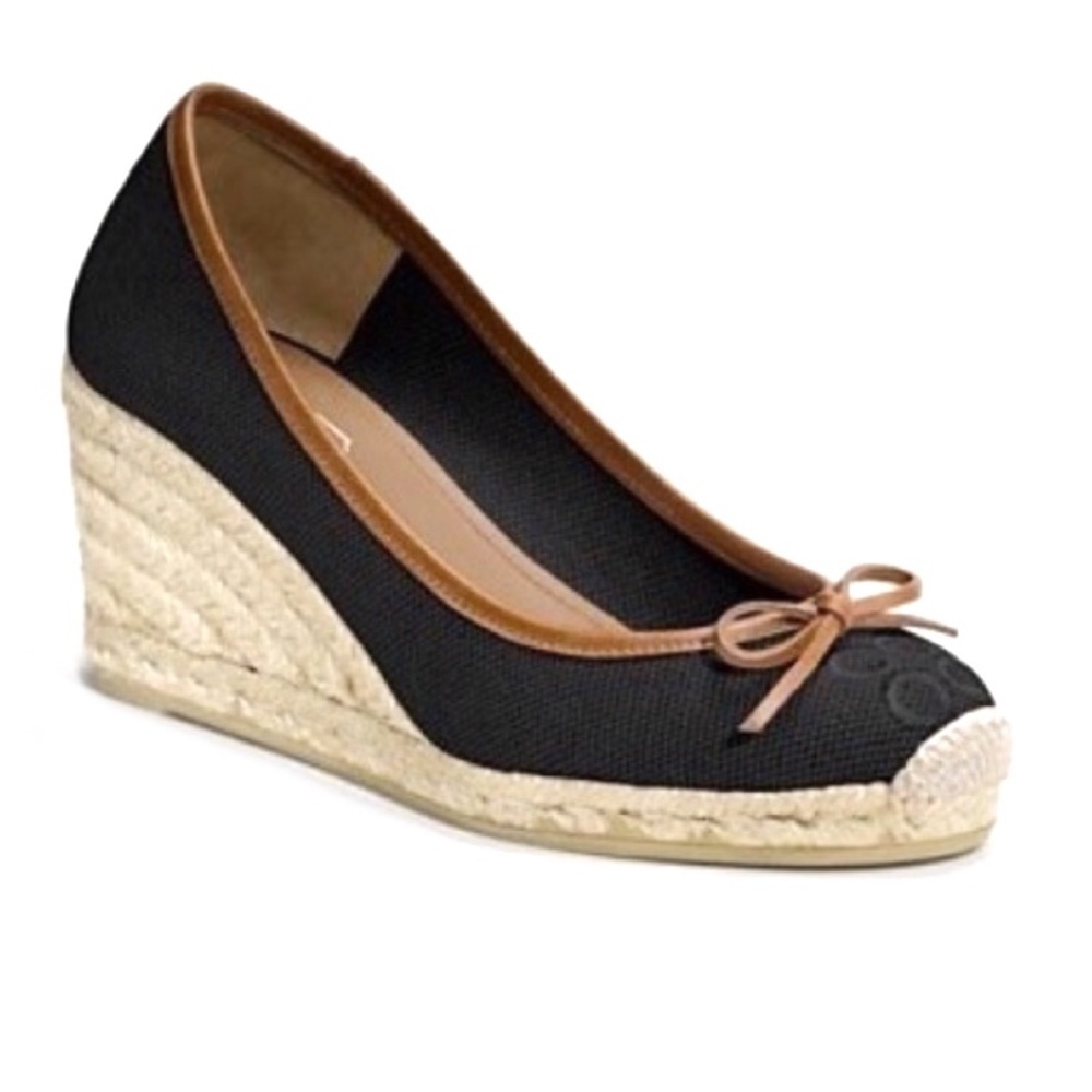COACH Ireena Black Canvas Espadrille Platform Wedge Heels